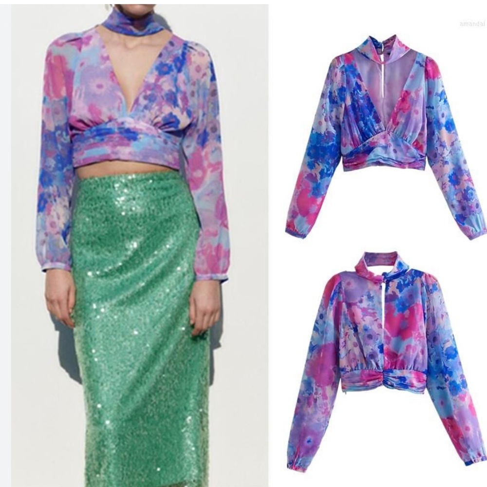 ZARA gorgeous purple/blue cropped blouse size small